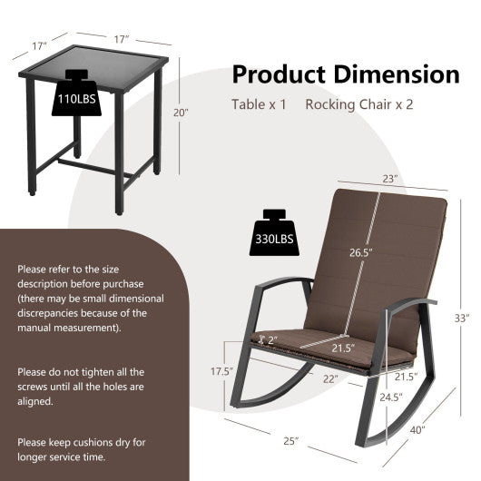 3 Pieces Patio Rattan Rocking Furniture Set-Brown