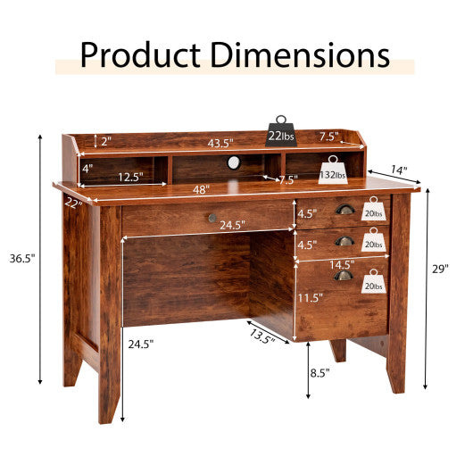 Vintage Computer Desk with Storage Shelves and 4 Drawers-Rustic Brown