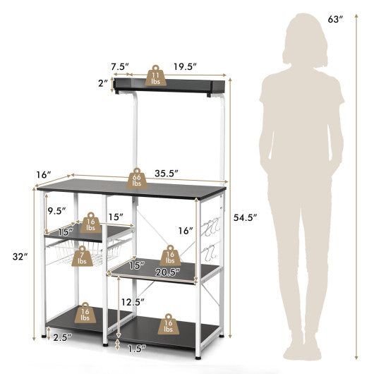 4-tier Kitchen Baker's Rack with Basket and 5 Hooks-Black