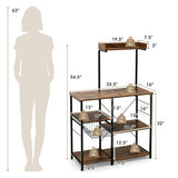 4-tier Kitchen Baker's Rack with Basket and 5 Hooks-Rustic Brown