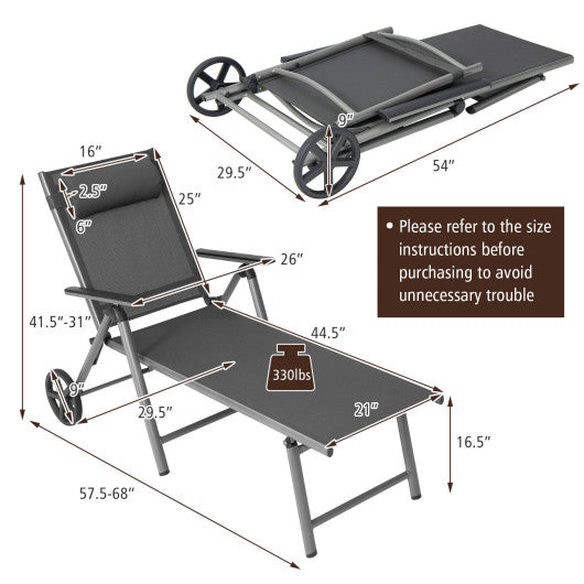 Adjustable Patio Folding Chaise Lounge Chair with Wheels