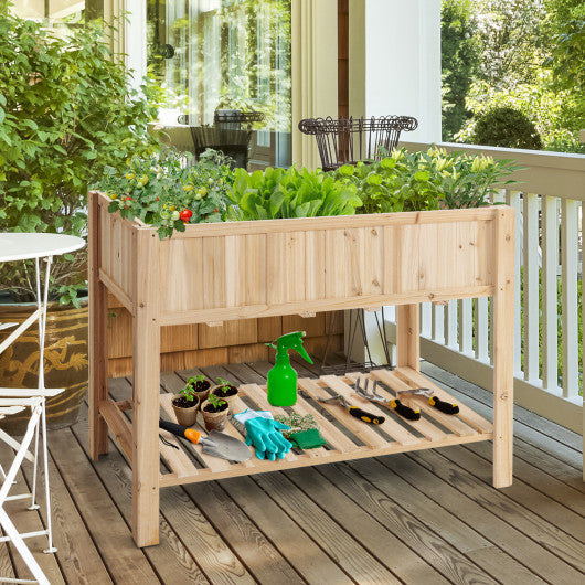 47 Inch Wooden Raised Garden Bed with Bottom Shelf and Bed Liner