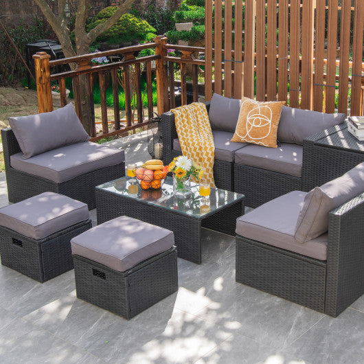 8 Pieces Patio Rattan Storage Table Furniture Set-Gray