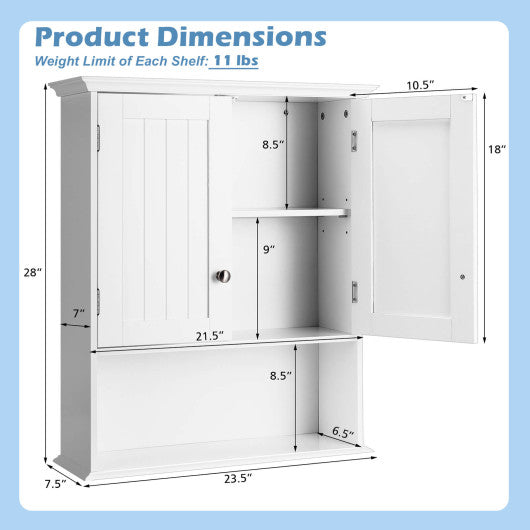 Wall Mount Bathroom Cabinet Storage Organizer with Doors and Shelves-White