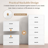2-Drawer Stackable Horizontal Storage Cabinet Dresser Chest with Handles-White