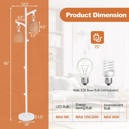 2 Light Tree Trunk Lamps with Wicker Shade-White