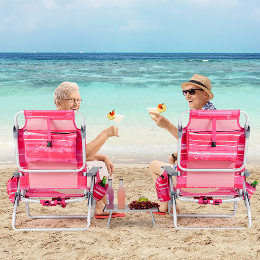 2 Packs 5-Position Outdoor Folding Backpack Beach Table Chair Reclining Chair Set-Hot Pink