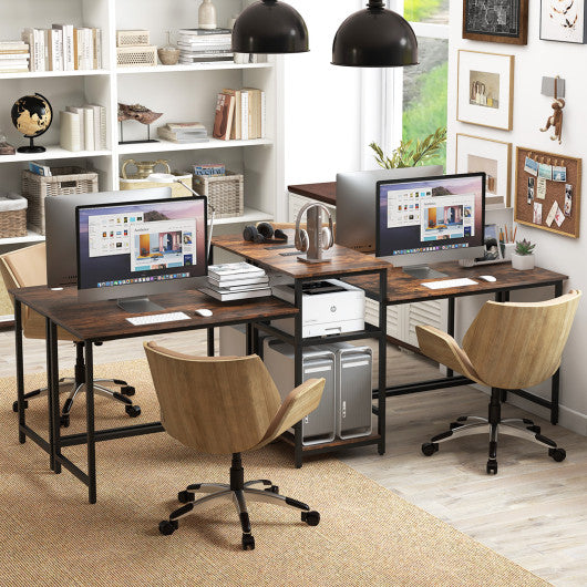 2-Person Computer Desk with Power Outlet and Printer Stand-Rustic Brown