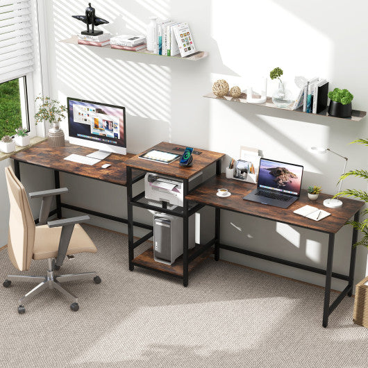2-Person Computer Desk with Power Outlet and Printer Stand-Rustic Brown