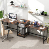 2-Person Computer Desk with Power Outlet and Printer Stand-Rustic Brown