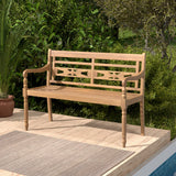 2-Person Teak Wood Patio Bench with Wide Backrest and Curved Armrests