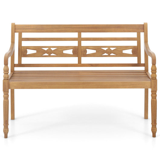 2-Person Teak Wood Patio Bench with Wide Backrest and Curved Armrests