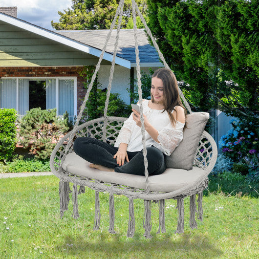 2 Person Hanging Hammock Chair Macrame Swing with Zippered Cushion-Gray