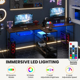 2-Person Reversible Computer Desk Long Office Desk with LED Lights-Walnut