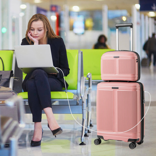 2-Piece Luggage Set 20 Inch Carry-on Suitcase and 14 Inch Cosmetic Case-Pink