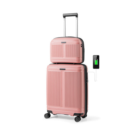 2-Piece Luggage Set 20 Inch Carry-on Suitcase and 14 Inch Cosmetic Case-Pink