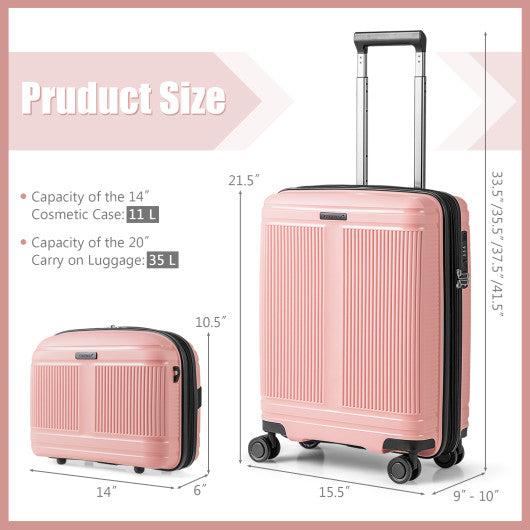 2-Piece Luggage Set 20 Inch Carry-on Suitcase and 14 Inch Cosmetic Case-Pink
