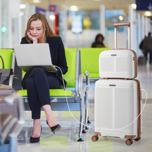 2-Piece Luggage Set 20 Inch Carry-on Suitcase and 14 Inch Cosmetic Case-White