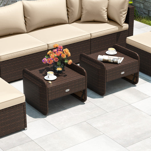 2 Pieces Outdoor Patio PE Wicker Ottomans with Removable Cushions-Brown