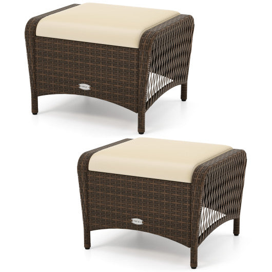 Set of 2 Outdoor Patio PE Wicker Ottomans with Removable Cushions-Beige