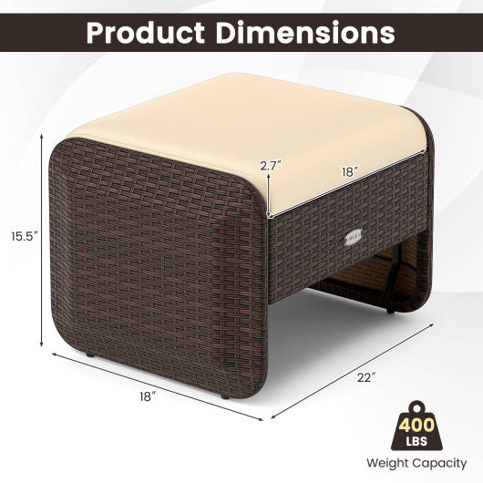 2 Pieces Outdoor Patio PE Wicker Ottomans with Removable Cushions-Brown
