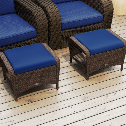 Set of 2 Outdoor Patio PE Wicker Ottomans with Removable Cushions-Navy