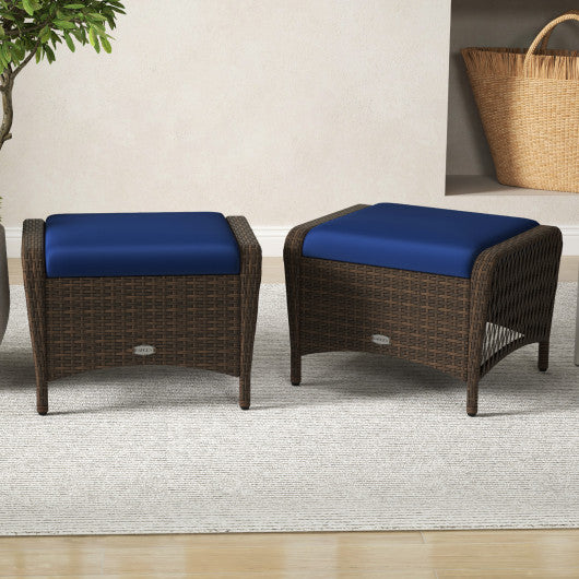 Set of 2 Outdoor Patio PE Wicker Ottomans with Removable Cushions-Navy