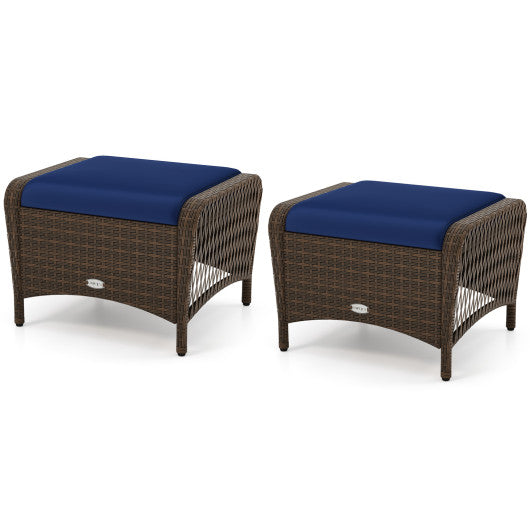 Set of 2 Outdoor Patio PE Wicker Ottomans with Removable Cushions-Navy