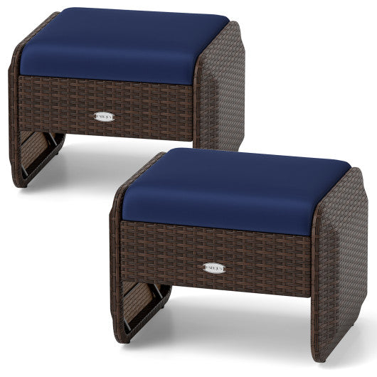 2 Pieces Outdoor Patio PE Wicker Ottomans with Removable Cushions-Navy