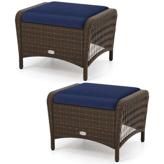Set of 2 Outdoor Patio PE Wicker Ottomans with Removable Cushions-Navy