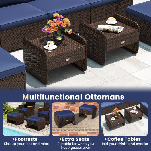 2 Pieces Outdoor Patio PE Wicker Ottomans with Removable Cushions-Navy