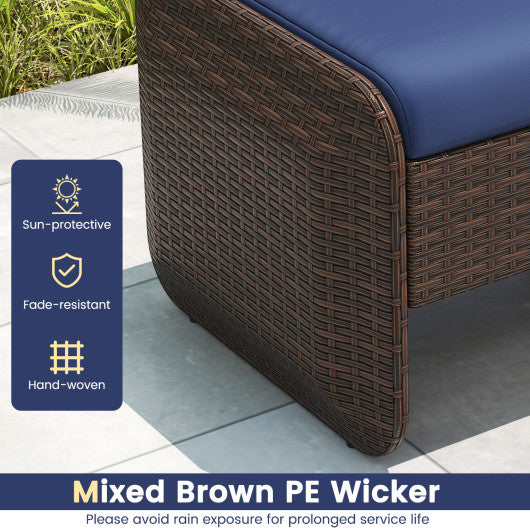 2 Pieces Outdoor Patio PE Wicker Ottomans with Removable Cushions-Navy