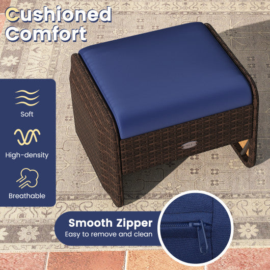 2 Pieces Outdoor Patio PE Wicker Ottomans with Removable Cushions-Navy
