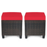 2 Pieces Patio Rattan Ottoman Set with Removable Cushions-Red