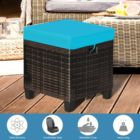 2 Pieces Patio Rattan Ottoman Set with Removable Cushions-Turquoise