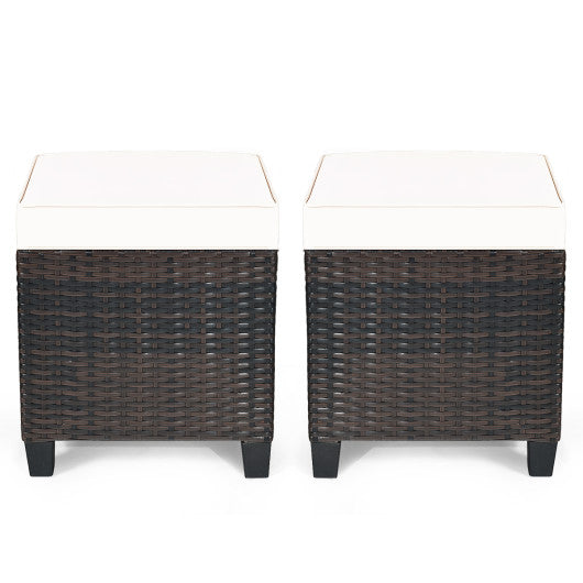 2 Pieces Patio Rattan Ottoman Set with Removable Cushions-White