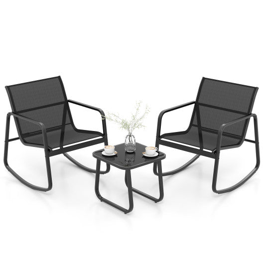 2 Rocking Bistro Chairs and Glass-Top Table for Porch Yard Balcony-Black