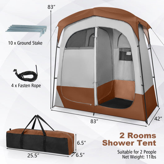 2 Rooms Oversize Privacy Shower Tent with Removable Rain Fly and Inside Pocket-Brown