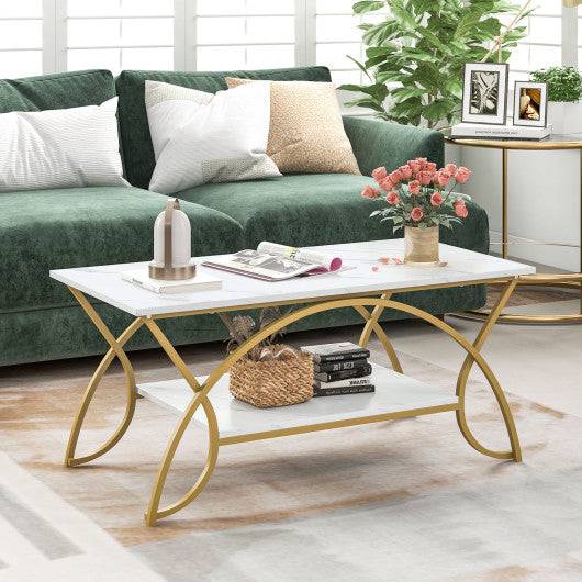 2-Tier Coffee Table Gold Rectangle for Living Room-Golden