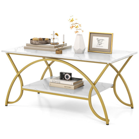 2-Tier Coffee Table Gold Rectangle for Living Room-Golden