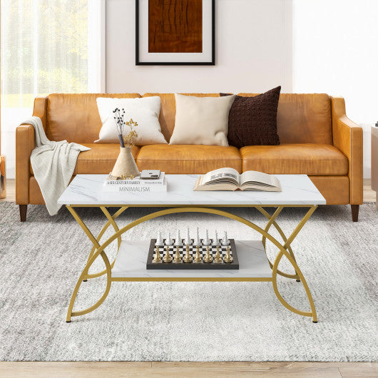 2-Tier Coffee Table Gold Rectangle for Living Room-Golden