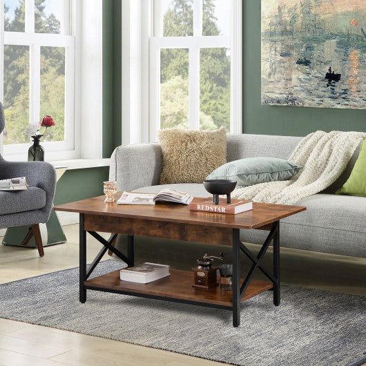 2-Tier Industrial Rectangular Coffee Table with Storage Shelf-Rustic Brown