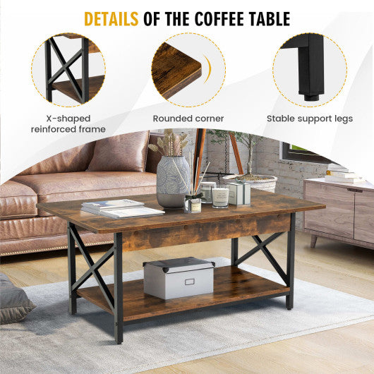 2-Tier Industrial Rectangular Coffee Table with Storage Shelf-Rustic Brown