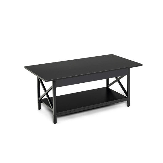 2-Tier Rectangle Coffee Table with Storage Shelf and X-shaped Metal Frame-Black