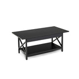 2-Tier Rectangle Coffee Table with Storage Shelf and X-shaped Metal Frame-Black