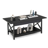 2-Tier Rectangle Coffee Table with Storage Shelf and X-shaped Metal Frame-Black