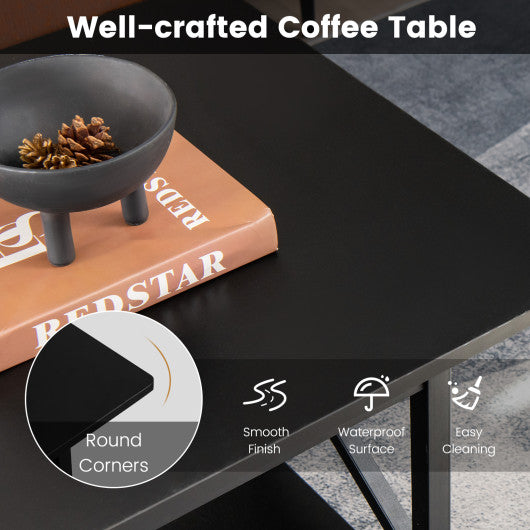 2-Tier Rectangle Coffee Table with Storage Shelf and X-shaped Metal Frame-Black