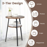 2-Tier Round End Table with Open Shelf and Triangular Metal Frame-Brown