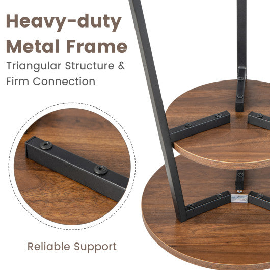 2-Tier Round End Table with Open Shelf and Triangular Metal Frame-Walnut