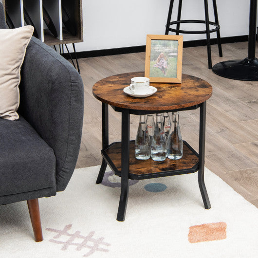 2-Tier Round End Table with Storage Shelf for Living Room-Brown